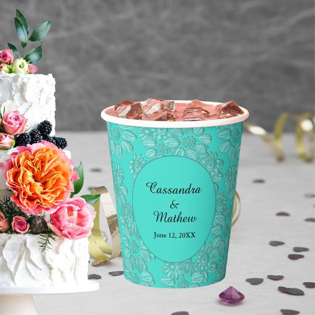 Romantic Daisies Floral Elegance Türkis Hochzeit Pappbecher (Romantic Daisies Floral Elegance Turquoise Wedding Paper Cups)