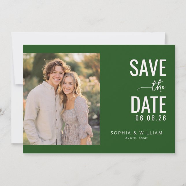 Romantic Dark Green Modern Photo Save The Date (Vorderseite)