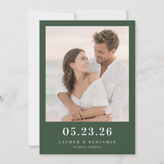 Romantic Dark Green Photo Save The Date (Vorderseite)