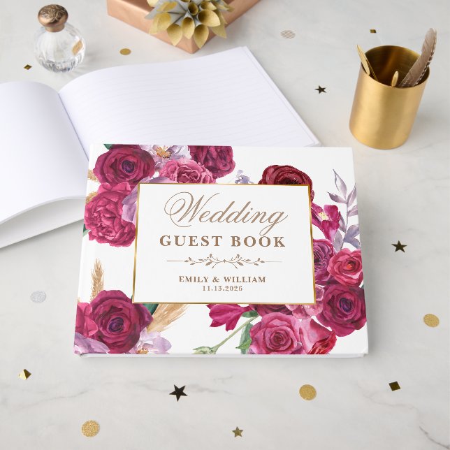 Romantic Dark Moody Burgundy Maroon Floral Wedding Gästebuch (Vorderseite Offen)