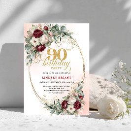 Romantic Deep Red Floral Gold 90th Birthday Invite Einladung