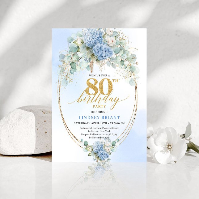 Romantic Dusty Blue Floral Gold 80th Birthday Einladung (Romantic Dusty Blue Floral Gold 80th Birthday Invite)
