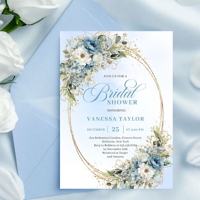 Romantic Dusty Blue Flowers Bridal Shower Invite Einladung (Romantic Dusty Blue Flowers Bridal Shower Invitation)