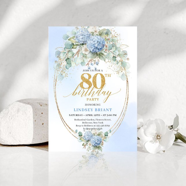 Romantic Dusty Blue Garden 80th Birthday Invite Einladung (Romantic Dusty Blue Garden 80th Birthday Invitation)