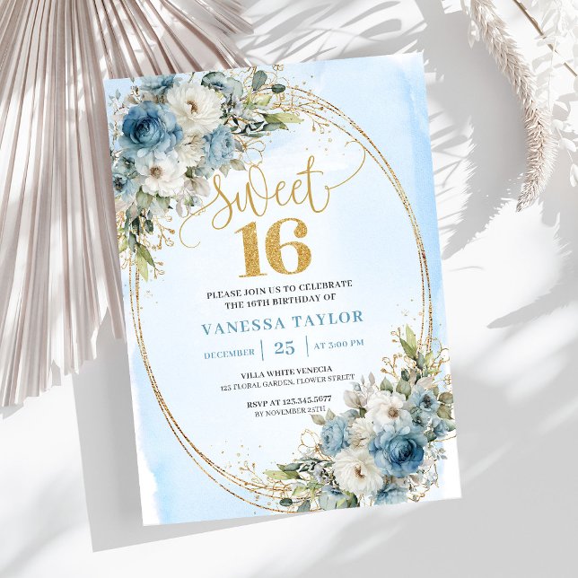 Romantic Dusty Blue Greenery Sweet Sixteen Invite Einladung (Romantic Dusty Blue Greenery Sweet Sixteen Invitation)