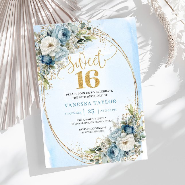 Romantic Dusty Blue Greenery Sweet Sixteen Invite Einladung (Romantic Dusty Blue Greenery Sweet Sixteen Invite)