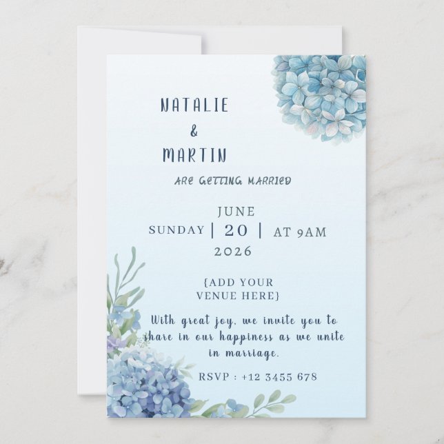 Romantic Dusty Blue Hydrangea Watercolor Wedding  Einladung (Vorderseite)