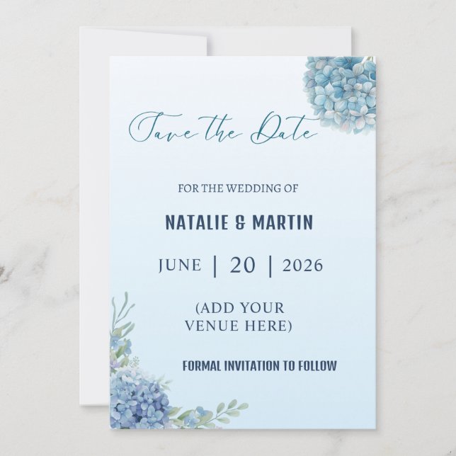 Romantic Dusty Blue Hydrangea Watercolor Wedding Save The Date (Vorderseite)