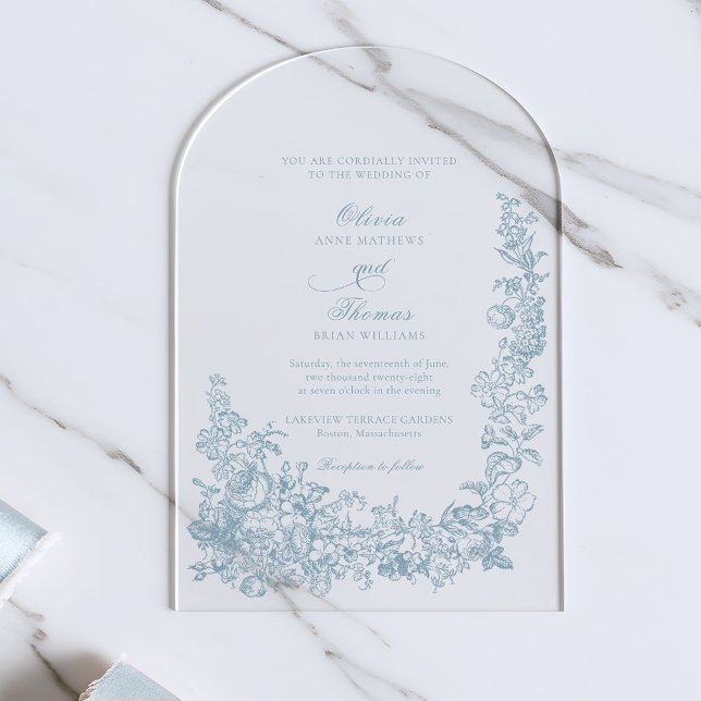 Romantic Dusty Blue Line Art Floral Wedding Acryleinladungen (Von Creator hochgeladen)