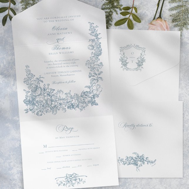 Romantic Dusty Blue Line Art Floral Wedding All In One Einladung (Von Creator hochgeladen)