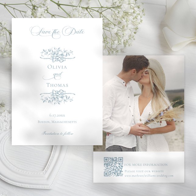 Romantic Dusty Blue Line Art Floral Wedding Save The Date (Von Creator hochgeladen)