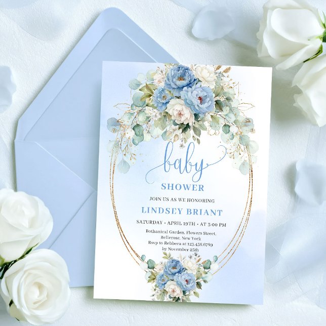 Romantic Dusty Blue Peonies Eucalyptus Gold Shower Einladung (Romantic Dusty Blue Peonies Eucalyptus Shower Invite

)