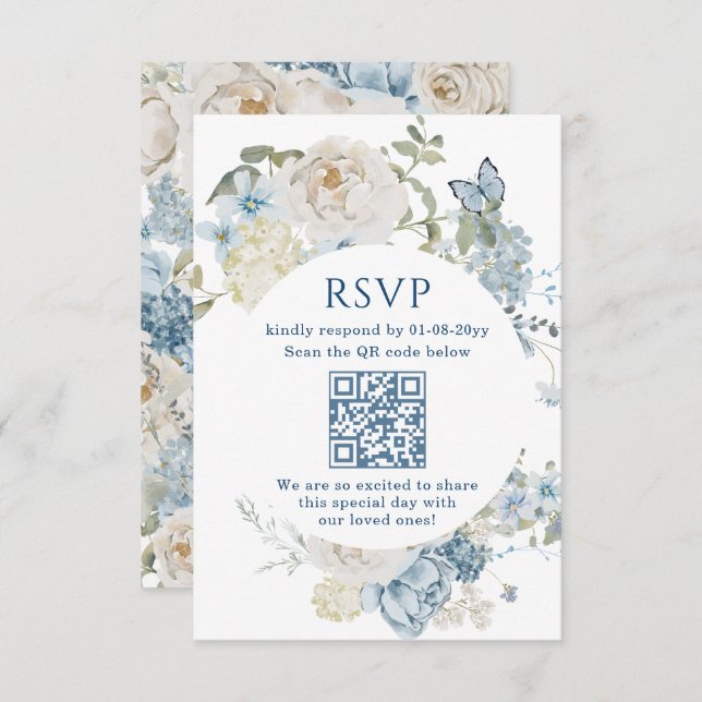 Romantic Dusty Blue Watercolor Floral Wedding RSVP (Vorne/Hinten)