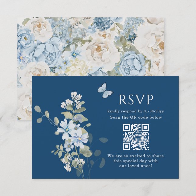 Romantic Dusty Blue Watercolor Floral Wedding RSVP Karte (Vorne/Hinten)