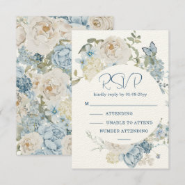 Romantic Dusty Blue Watercolor Floral Wedding RSVP Karte