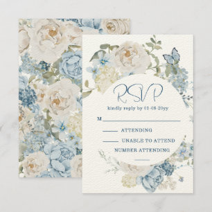 Romantic Dusty Blue Watercolor Floral Wedding RSVP Karte