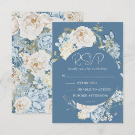 Romantic Dusty Blue Watercolor Floral Wedding RSVP Karte