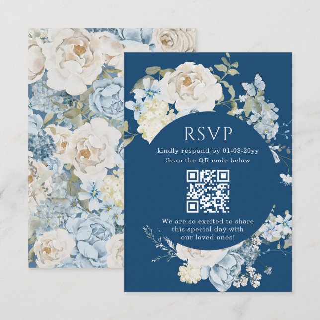 Romantic Dusty Blue Watercolor Floral Wedding RSVP Karte (Vorne/Hinten)