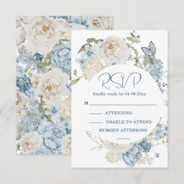 Romantic Dusty Blue Watercolor Floral Wedding RSVP Karte
