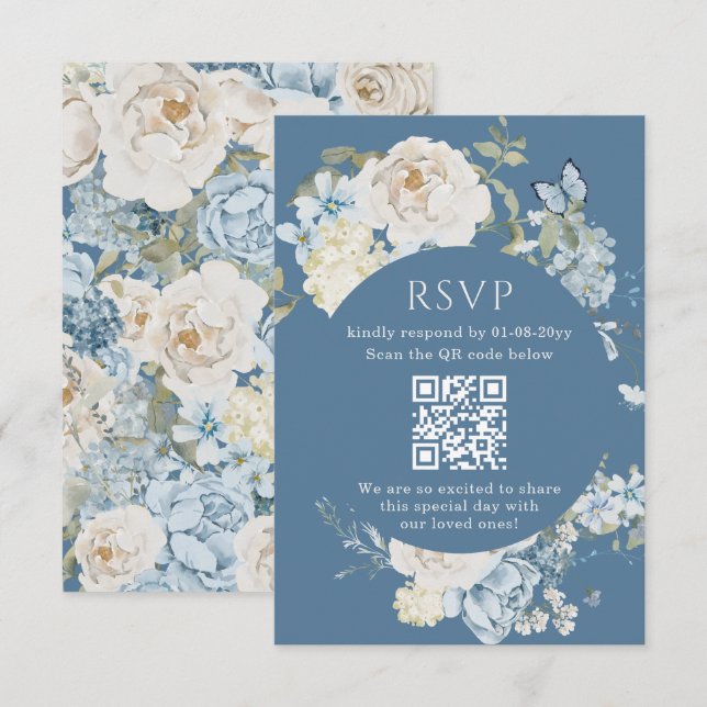 Romantic Dusty Blue Watercolor Floral Wedding RSVP Karte (Vorne/Hinten)