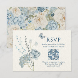 Romantic Dusty Blue Watercolor Floral Wedding RSVP Karte
