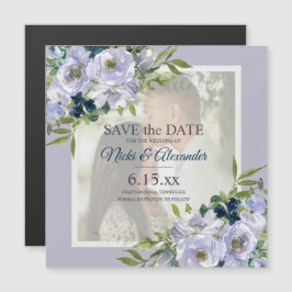 Romantic Dusty Blue White Floral Foto Rett Date Magneteinladung