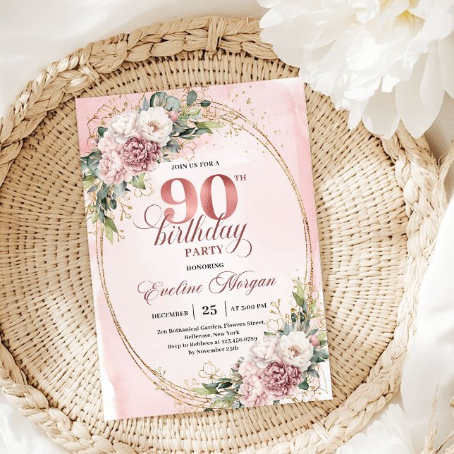 Romantic Dusty Pink Gold Eucalyptus 90th Birthday  Einladung (Rose Gold Blush Floral 50th Birthday 36-50)