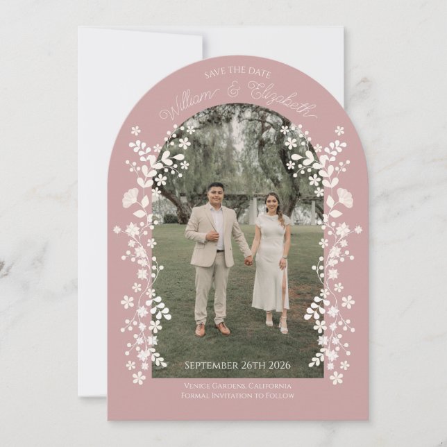 Romantic Dusty Rose Floral Arch Save the Date Einladung (Vorderseite)