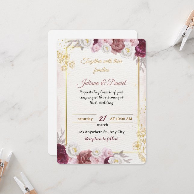 Romantic Dusty Rose Floral Wedding Invitation | Bo Einladung (Vorderseite/Rückseite Beispiel)