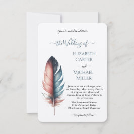 Romantic Dusty Rose Teal Feather  Wedding Einladung