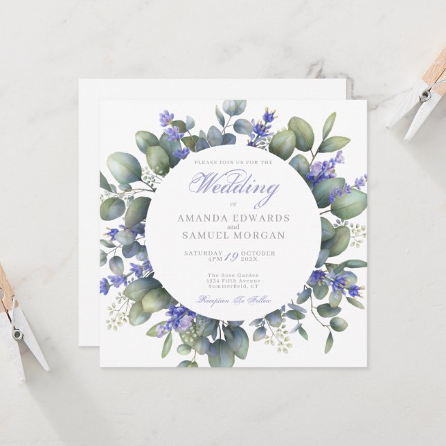 Romantic Eucalyptus & Lavender Wedding Invitation Einladung (Vorderseite/Rückseite Beispiel)