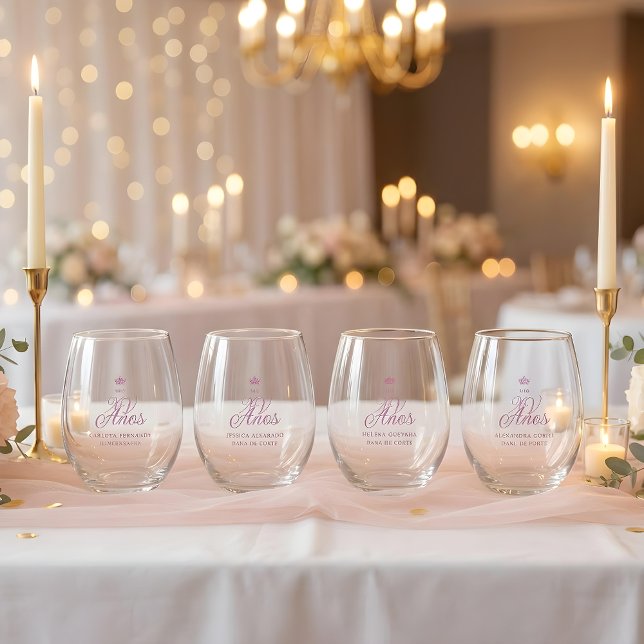 Romantic Exquisite Mis XV Spanish Script Crown Weinglas Ohne Stiel (Romantic Exquisite Mis XV Spanish Calligraphy with Princess Crown Set Stemless Wine Glass for Quince)