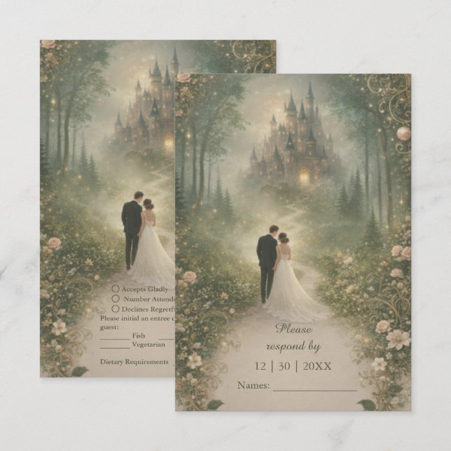 Romantic Fairytale Castle Forest Path Wedding RSVP Karte (Vorne/Hinten)