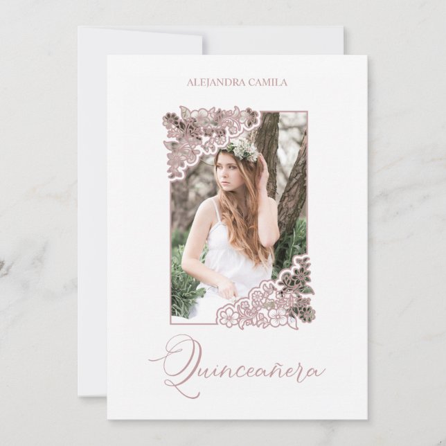 Romantic Fake Rose Gold Floral Frame Photo XV años Einladung (Vorderseite)