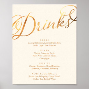 Romantic Faux Gold Calligraphy Wedding Drinks Menu Poster