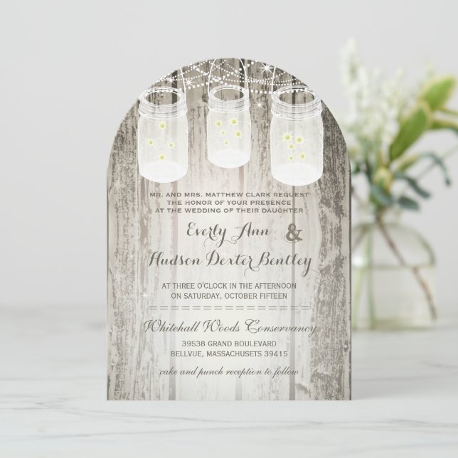 Romantic Firefly Mason Jar Wedding Einladung (Stehend Vorderseite)