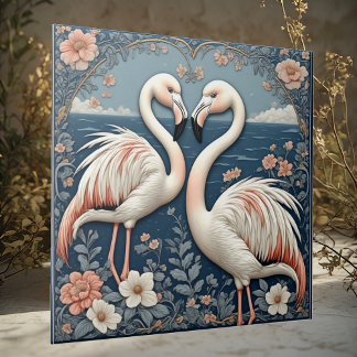 Romantic Flamingo Couple Art Deco Blue Pond Floral Fliese