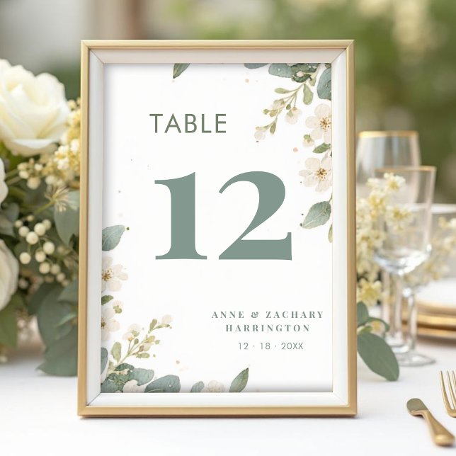 Romantic Floral & Eucalyptus Branches Wedding Tischnummer (Romantic Floral and Eucalyptus Branches Wedding Table Number Cards with Elegant Greenery Frame.)