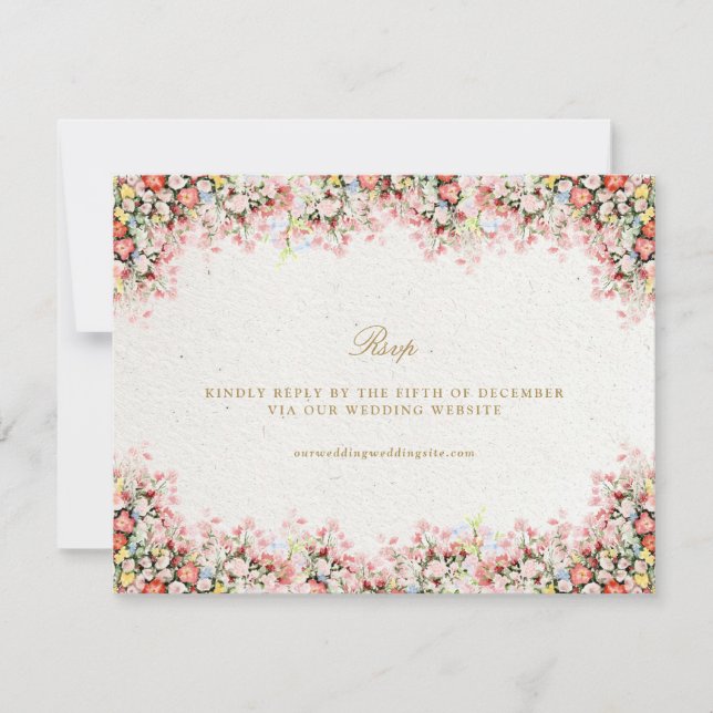 Romantic Floral Garden Chateau wedding website RSVP Karte (Vorderseite)