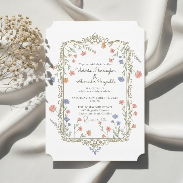 Romantic Floral Gold Frame Wedding Invitation Einladung (Romantic floral wedding invitation with delicate gold frame)