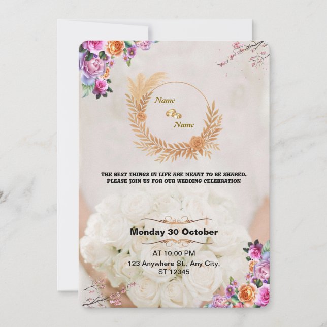 Romantic Floral Gold Wedding Invitation Einladung (Vorderseite)