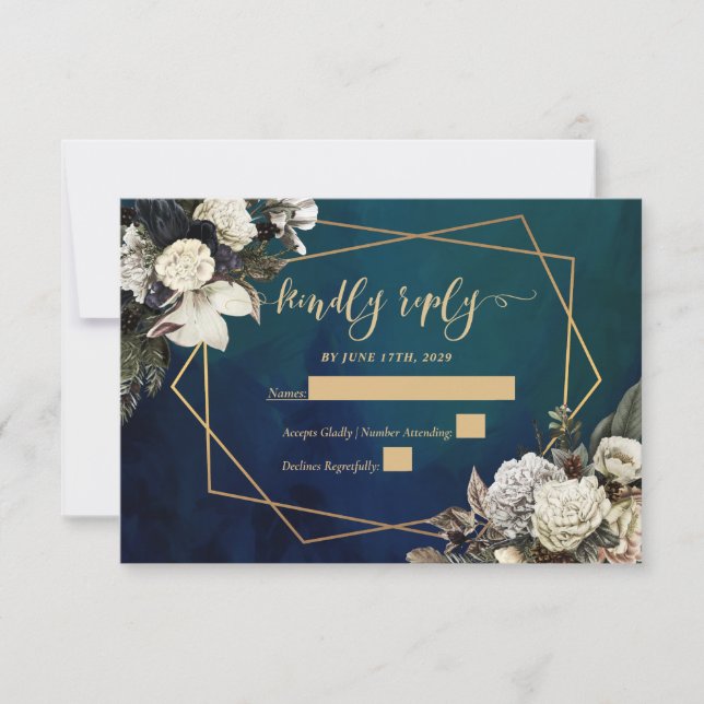 Romantic Floral Gold Wreath Wedding RSVP Karte (Vorderseite)