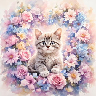 Romantic Floral Kitten Round Throw Pillow Rundes Kissen