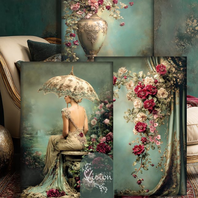 Romantic Floral, Lady & a Parasol, Matching Set Geschenkpapier Set (Romantic Floral Sage Green and Crimson Pink, Lady & a Parasol, Matching Heavyweight Decoupage)