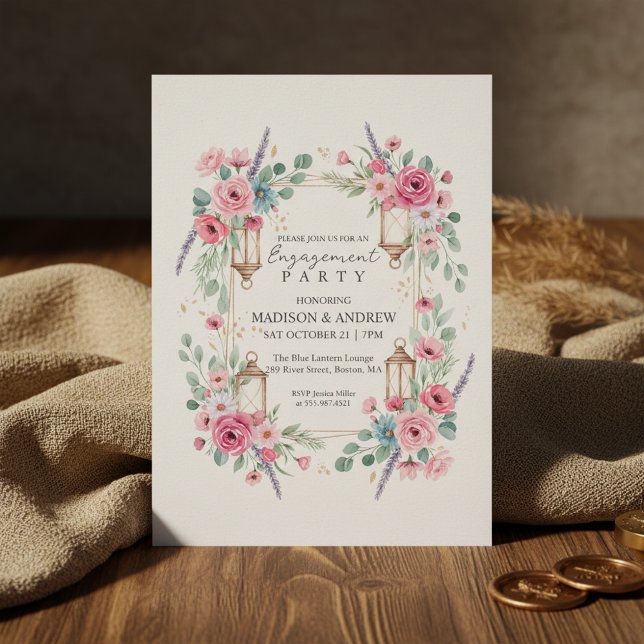 Romantic Floral Lantern Engagement Invitation Einladung (A romantic engagement invitation design featuring soft watercolor florals)