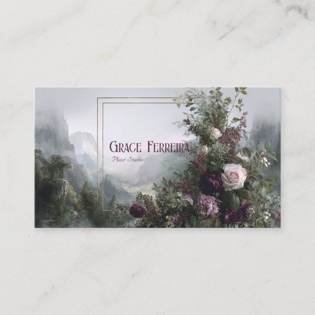 Romantic Floral Misty Mountain Valley Gold Frame Visitenkarte (Vorderseite)