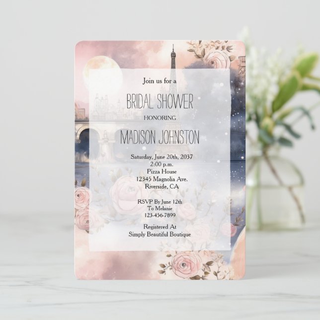 Romantic Floral Paris Eiffel Tower Bridal Shower Einladung (Stehend Vorderseite)
