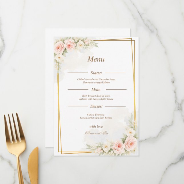 Romantic Floral Wedding Menu Dusty Blush Peony Menükarte (Vorderseite/Rückseite Beispiel)