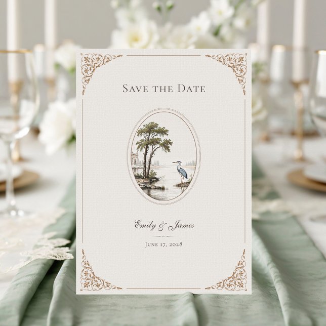 Romantic French Heron Oval Frame Wedding Save The Date (Von Creator hochgeladen)