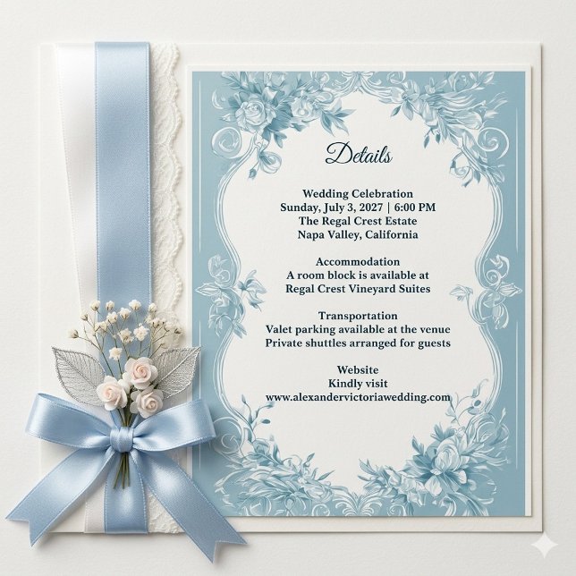 Romantic French Toile Blue Florals Wedding Details Begleitkarte (Romantic French Toile Blue Florals Wedding Details Enclosure Card)
